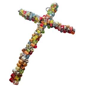 Handmade Metal Wire-Wrapped Wall Hanging Multi-Colored Beaded 11" x 7" Cross